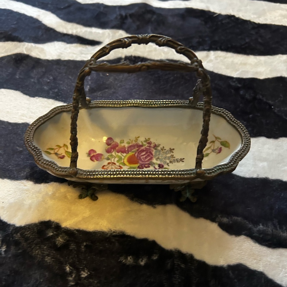 vintage ceramic and brass oblong handled bowl/basket